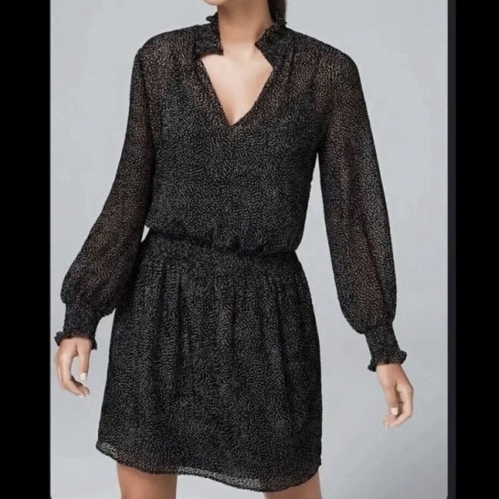 White House Black Market Blouson Flocked Dot Black Mini Dress Cami Slip Sheer S